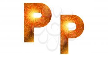Set of English letters signs uppercase and lowercase P, stylized gold and orange holiday firework with stars and flares, elements for web design. Eps10, contains transparencies. Vector