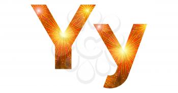 Set of English letters signs uppercase and lowercase Y, stylized gold and orange holiday firework with stars and flares, elements for web design. Eps10, contains transparencies. Vector