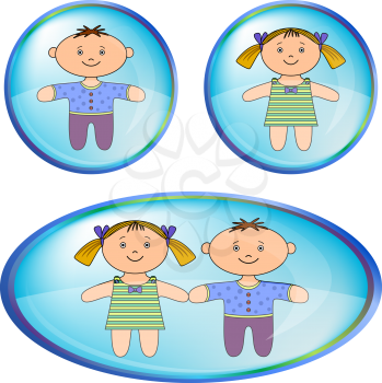 Icons, Buttons with Cartoon Toy Boy and the Girl. Vector Eps10, Contains Transparencies