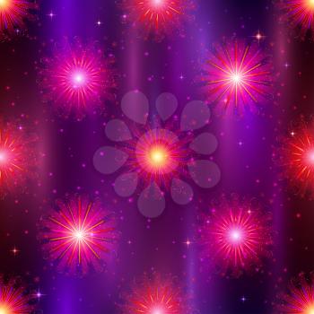 Firework background seamless, lilac and violet on night sky. Pattern for holiday design. Vector eps10, contains transparencies