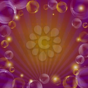 Abstract background, transparent bubbles and beams, violet and orange. Vector eps10, contains transparencies