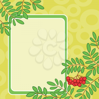 Background with table and rowanberry branches and berries on yellow. Vector