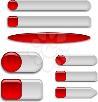 Set of glass red buttons sliders, computer icons of different forms for web design, isolated on white background. Vector eps10, contains transparencies