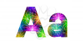 Set of English letters signs uppercase and lowercase A, stylized colorful holiday firework with stars and flares, elements for web design. Eps10, contains transparencies. Vector