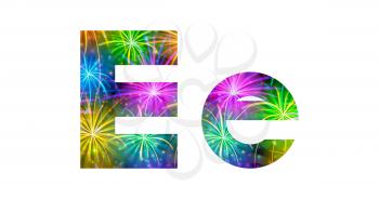 Set of English letters signs uppercase and lowercase E, stylized colorful holiday firework with stars and flares, elements for web design. Eps10, contains transparencies. Vector