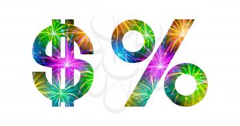 Set of signs dollar sign, percent symbol, stylized colorful holiday firework with stars and flares, elements for web design. Eps10, contains transparencies. Vector