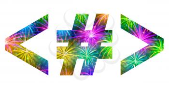 Set of signs hash mark, greater-than sign, less than sign, stylized colorful holiday firework with stars and flares, elements for web design. Eps10, contains transparencies. Vector