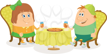 Two little children, boy and girl sitting near table, drinking juice and eating pizza, funny cartoon illustration, isolated. Vector