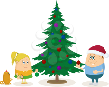 Children, boy, girl and dog decorating fir tree, Christmas holiday illustration, funny cartoon characters isolated on white background. Vector
