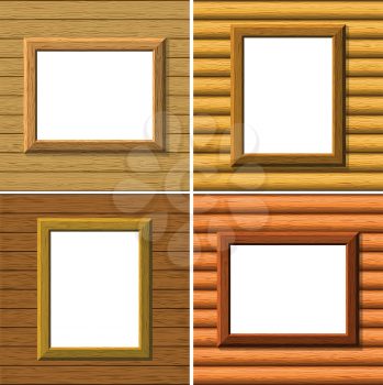 Empty wooden frames on a board wall with white place background for your images or text. Vector