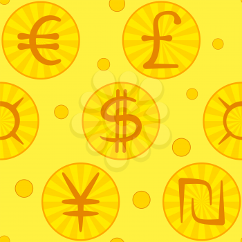 Abstract seamless background, currency signs: dollar, euro, pound, yen, shekel, universal. Vector