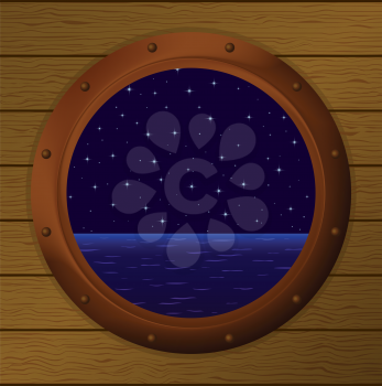 Landscape: sea and the night starry sky in a bronze ship window - porthole in a wooden wall. Vector