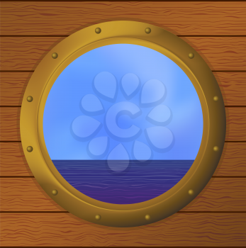 Sea and blue sky in a bronze ship window - porthole in a wooden wall. Vector