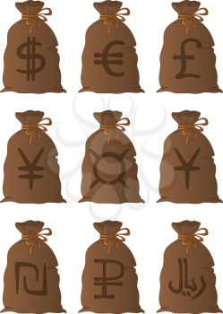 Money, bags with currency signs: dollar, euro, pound, yen, yuan, shekel, rial, ruble, universal. Vector
