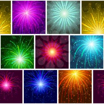 Seamless holiday background with fireworks of various colors and shapes. Pattern for web design, split into separate parts. Eps10, contains transparencies. Vector
