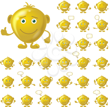 Set of round golden smileys with hands and feet, symbolising various human emotions, isolated on white background. Eps10, contains transparencies. Vector
