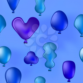 Seamless background, various balloons fly in the blue sky. Vector