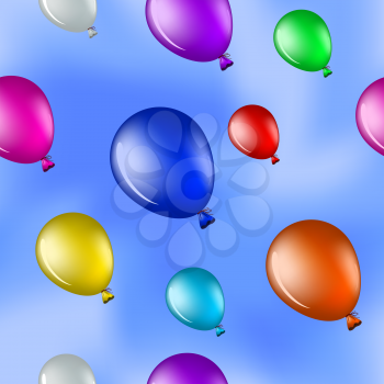 Vector seamless background, various balloons fly in the blue sky