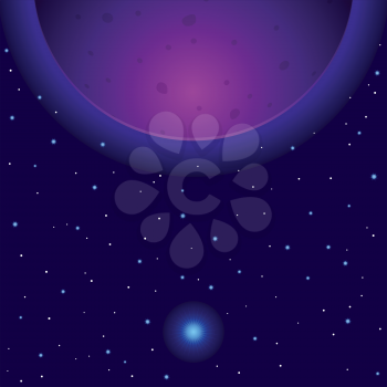 Fantastic background, space, violet planet and sun. Vector