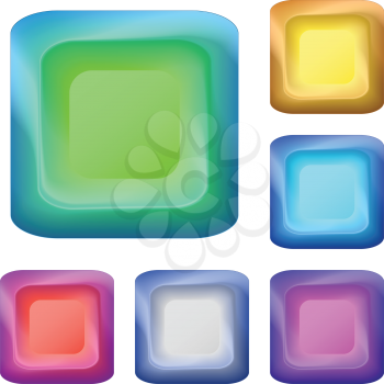 Set icons, isolated variegated square buttons. Vector