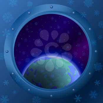 Symbolic Christmas background, snow in space and Earth in window. Eps10, contains transparencies. Vector