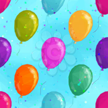 Balloons Flying in Blue Sky, Low Poly Pattern, Colorful Background. Vector