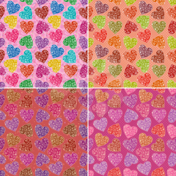Set of valentine holiday seamless patterns with color hearts on pink backgrounds and confetti. Vector