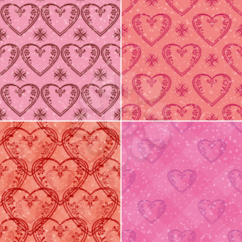 Set of valentine holiday seamless patterns with pictogram hearts on pink and red backgrounds and confetti. Eps10, contains transparencies. Vector