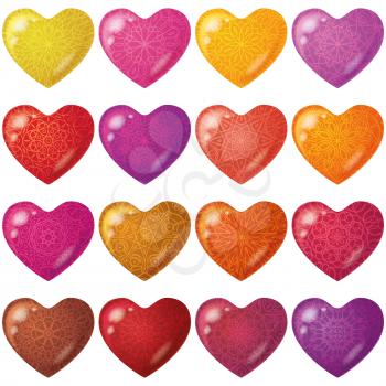 Valentine hearts, holiday set of beautiful love symbol icons of various colors with patterns. Eps10, contains transparencies. Vector