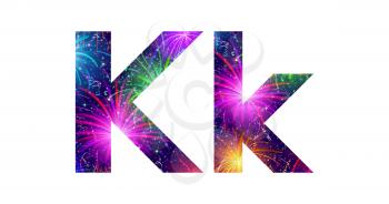 Set of English letters signs uppercase and lowercase K, stylized colorful holiday firework with stars and flares, elements for web design. Eps10, contains transparencies. Vector