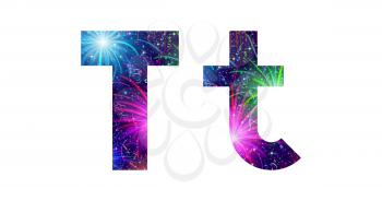 Set of English letters signs uppercase and lowercase T, stylized colorful holiday firework with stars and flares, elements for web design. Eps10, contains transparencies. Vector