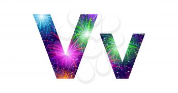 Set of English letters signs uppercase and lowercase V, stylized colorful holiday firework with stars and flares, elements for web design. Eps10, contains transparencies. Vector