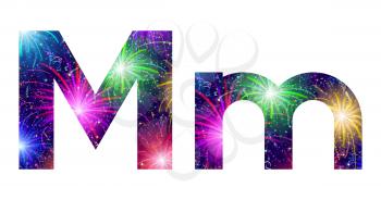 Set of English letters signs uppercase and lowercase M, stylized colorful holiday firework with stars and flares, elements for web design. Eps10, contains transparencies. Vector