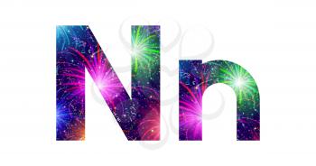 Set of English letters signs uppercase and lowercase N, stylized colorful holiday firework with stars and flares, elements for web design. Eps10, contains transparencies. Vector