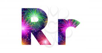Set of English letters signs uppercase and lowercase R, stylized colorful holiday firework with stars and flares, elements for web design. Eps10, contains transparencies. Vector