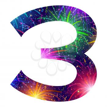 Mathematical sign, number three, stylized colorful holiday firework with stars and flares, element for web design. Eps10, contains transparencies. Vector