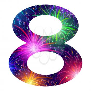 Mathematical sign, number eight, stylized colorful holiday firework with stars and flares, element for web design. Eps10, contains transparencies. Vector