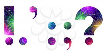 Set of mathematical and punctuation signs exclamation point, period, comma, colon, semicolon, question mark, stylized colorful holiday firework with stars and flares, elements for web design. Eps10, c