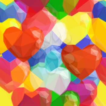 Heart Shaped Balloons, Low Poly Pattern, Colorful Background. Vector