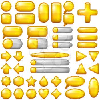 Set of Glass Gold and Silver Buttons and Sliders, Computer Icons of Different Forms for Web Design on White Background. Eps10, Contains Transparencies. Vector