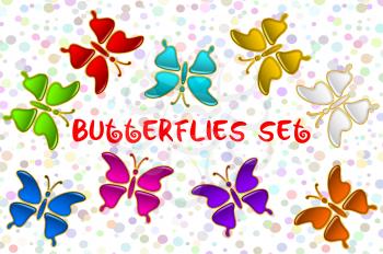 Set of Colorful Glossy Butterflies with Golden Frames, Computer Icons for Web Design. Eps10, Contains Transparencies. Vector