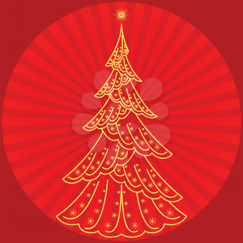 Christmas fir tree, pictogram, holiday symbol on abstract red background. Vector