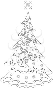 Christmas fir tree with star and snowflakes, holiday symbol, isolated, contours. Vector
