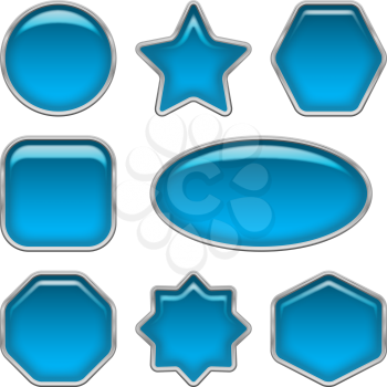 Set of glass blue buttons, computer icons of different forms for web design, isolated on white background. Vector eps10, contains transparencies