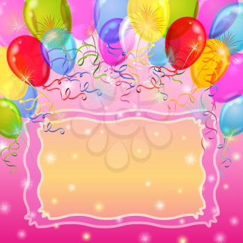 Holiday background with various color balloons, frame and stars. Vector eps10, contains transparencies