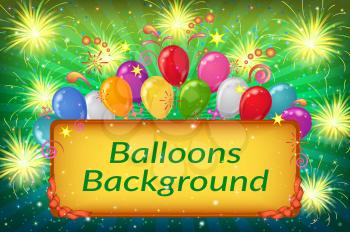 Holiday Background with Plate, Sparks, Patterns, Fireworks and Colorful Balloons on Green. Eps10, Contains Transparencies. Vector