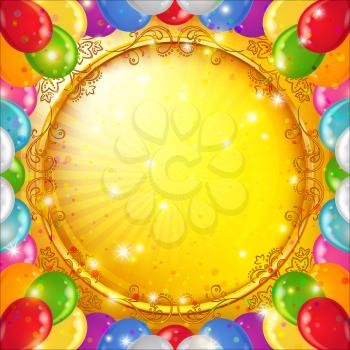 Background with gold round desk and various colorful balloons. Vector eps10, contains transparencies