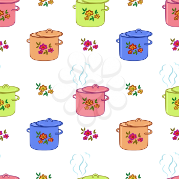Seamless background. Kitchen pan with flower cover. Vector