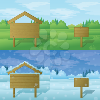 Set of backgrounds with wood signs for text on winter and summer landscapes. Vector