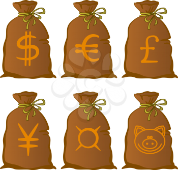Money, Bags with Currency Signs, Dollar, Euro, Pound, Yen, Universal. And Humorous, with a Pig Snout. Vector